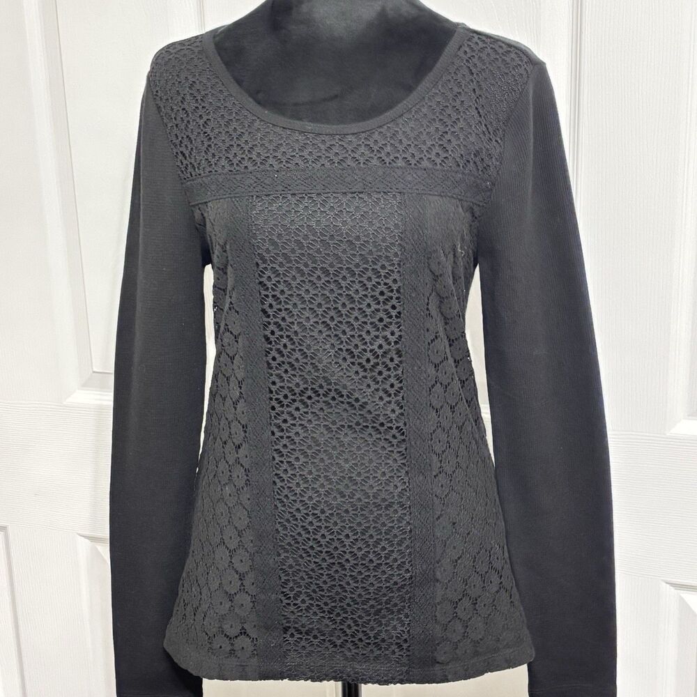 Lucky Brand Women's Black Lace Overlay Scoop Neck Long Sleeve T Shirt Tee Medium